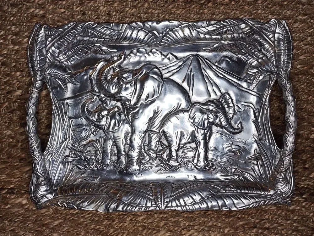 Vintage Arthur Court Elephant African Safari Silver Aluminum Serving Tray 19.5